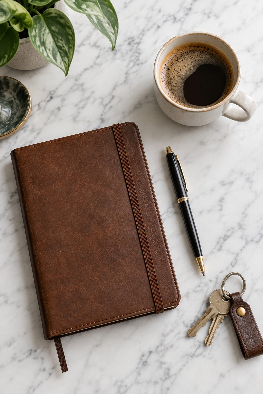 A desk with notebook, pen and house keys, illustrative