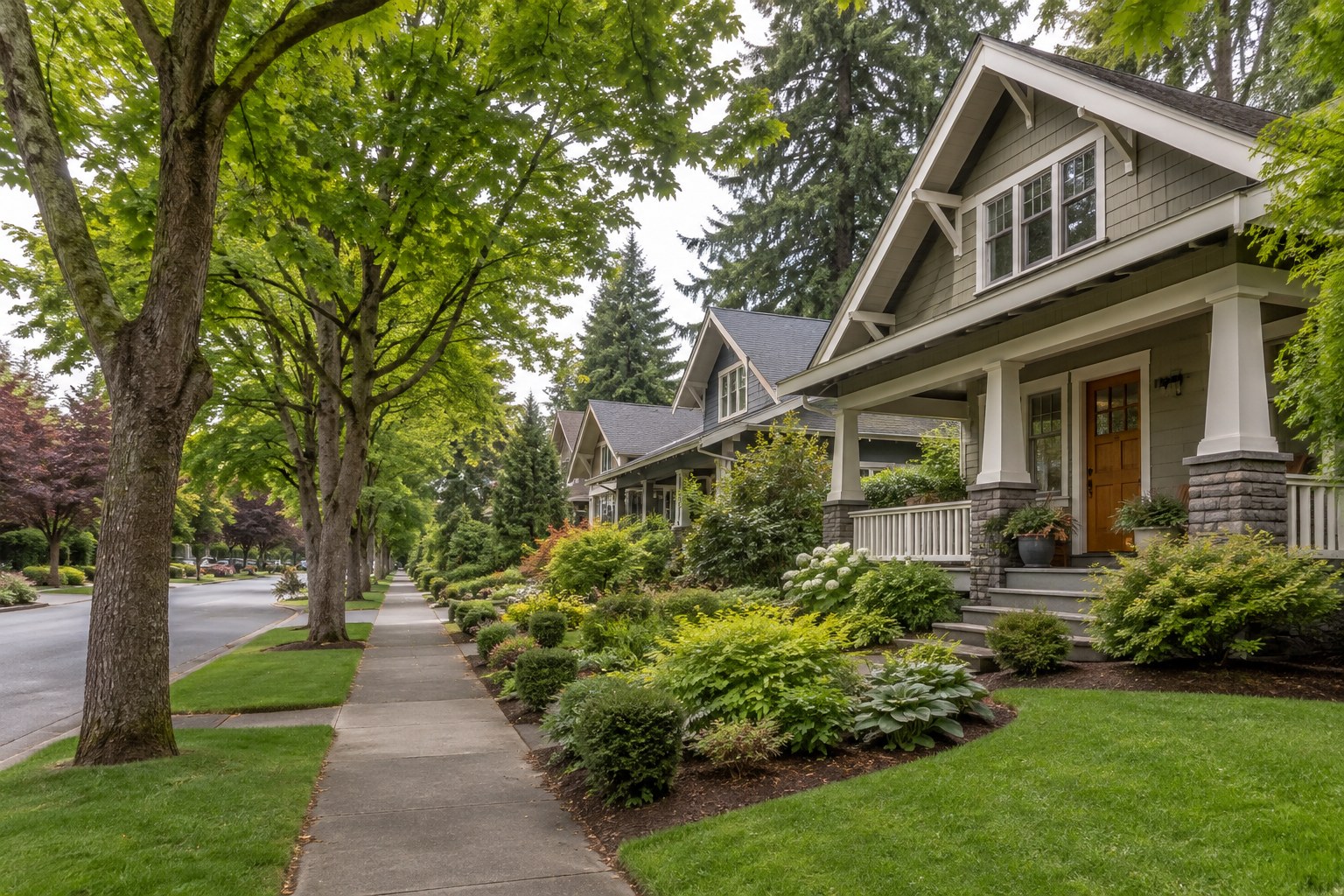 A quiet Oregon street with craftsman homes, illustrative