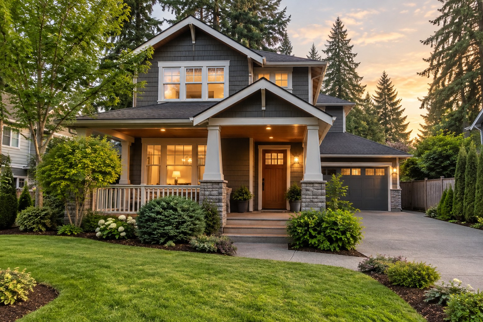 A Pacific Northwest craftsman home with fir trees in soft evening light, illustrative