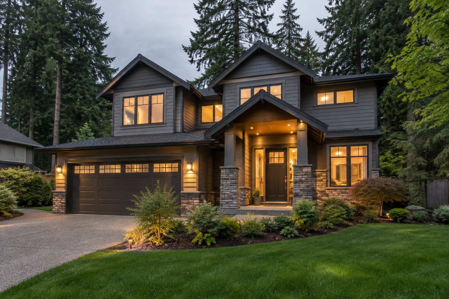 A Pacific Northwest home at dusk, illustrative