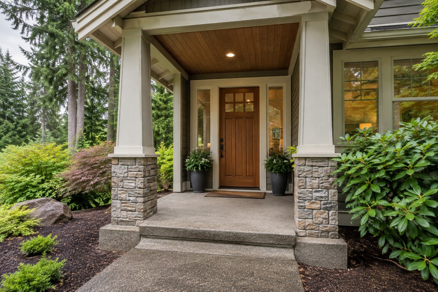 A covered front entry of an Oregon home, illustrative